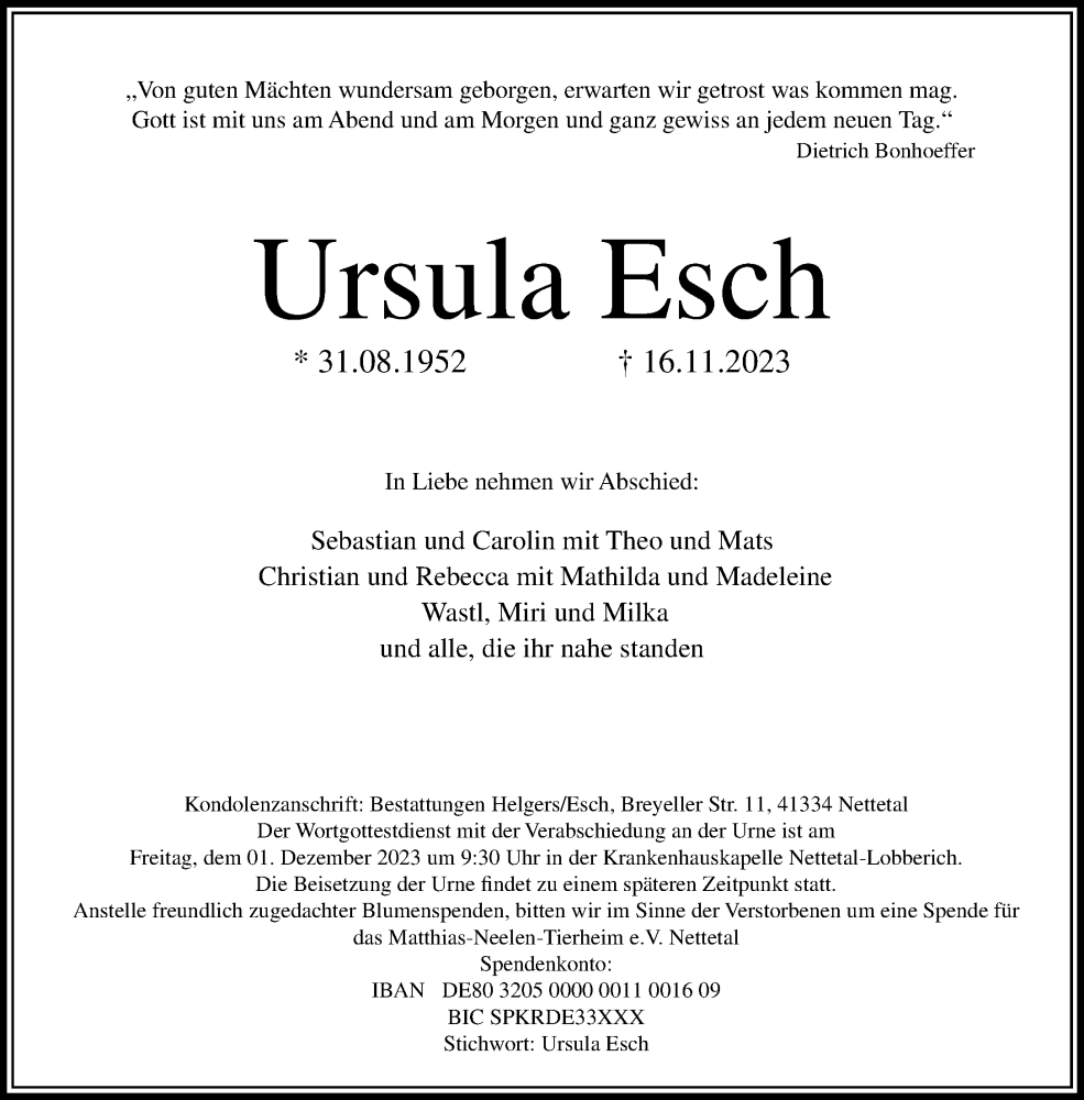  Traueranzeige für Ursula Esch vom 25.11.2023 aus Rheinische Post