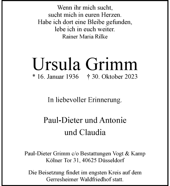 Traueranzeige von Ursula Grimm von Rheinische Post