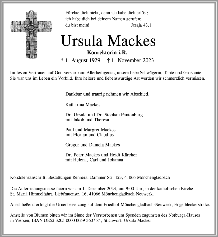  Traueranzeige für Ursula Mackes vom 25.11.2023 aus Rheinische Post