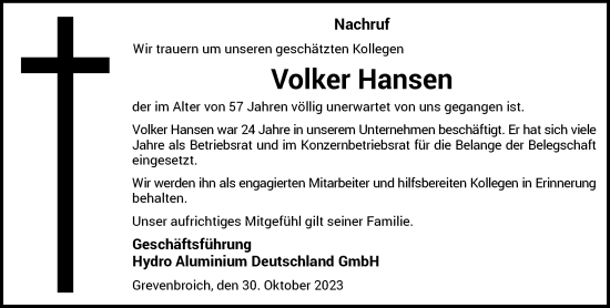 Traueranzeige von Volker Hansen von Rheinische Post