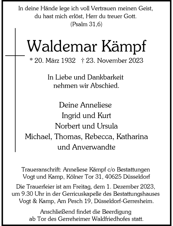 Traueranzeige von Waldemar Kämpf von Rheinische Post