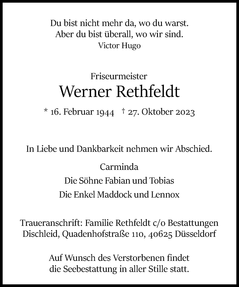  Traueranzeige für Werner Rethfeldt vom 25.11.2023 aus Rheinische Post