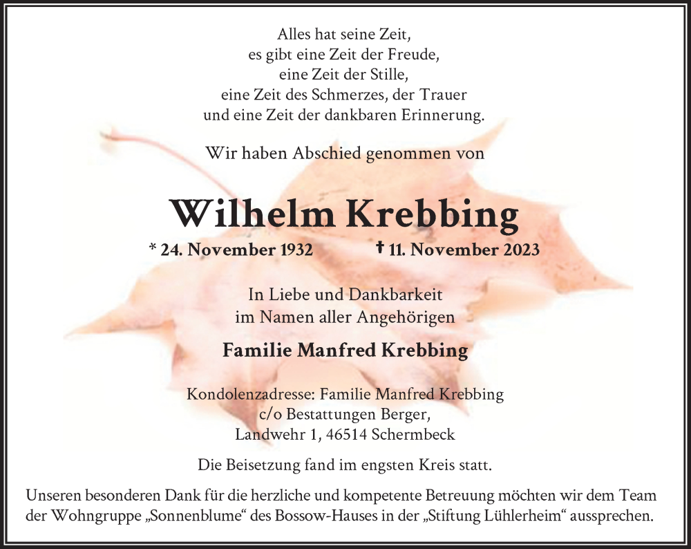  Traueranzeige für Wilhelm Krebbing vom 18.11.2023 aus Rheinische Post