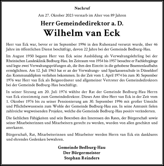 Traueranzeige von Wilhelm  van Eck von Rheinische Post