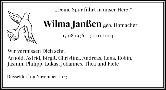 Traueranzeige von Wilma Janßen von Rheinische Post