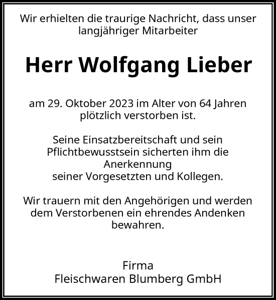 Traueranzeige von Wolfgang Lieber von Rheinische Post