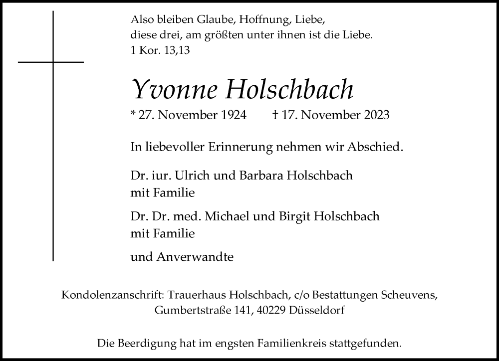 Traueranzeige für Yvonne Holschbach vom 02.12.2023 aus Rheinische Post