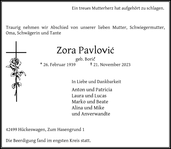 Traueranzeige von Zora Pavlovic von Rheinische Post