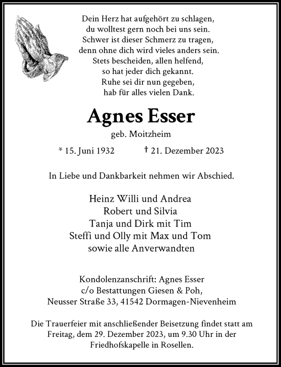 Alle Traueranzeigen für Agnes Esser | trauer.rp-online.de