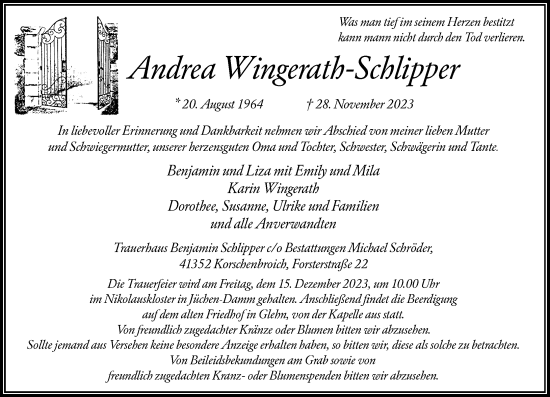 Traueranzeige von Andrea Wingerath-Schlipper von Rheinische Post