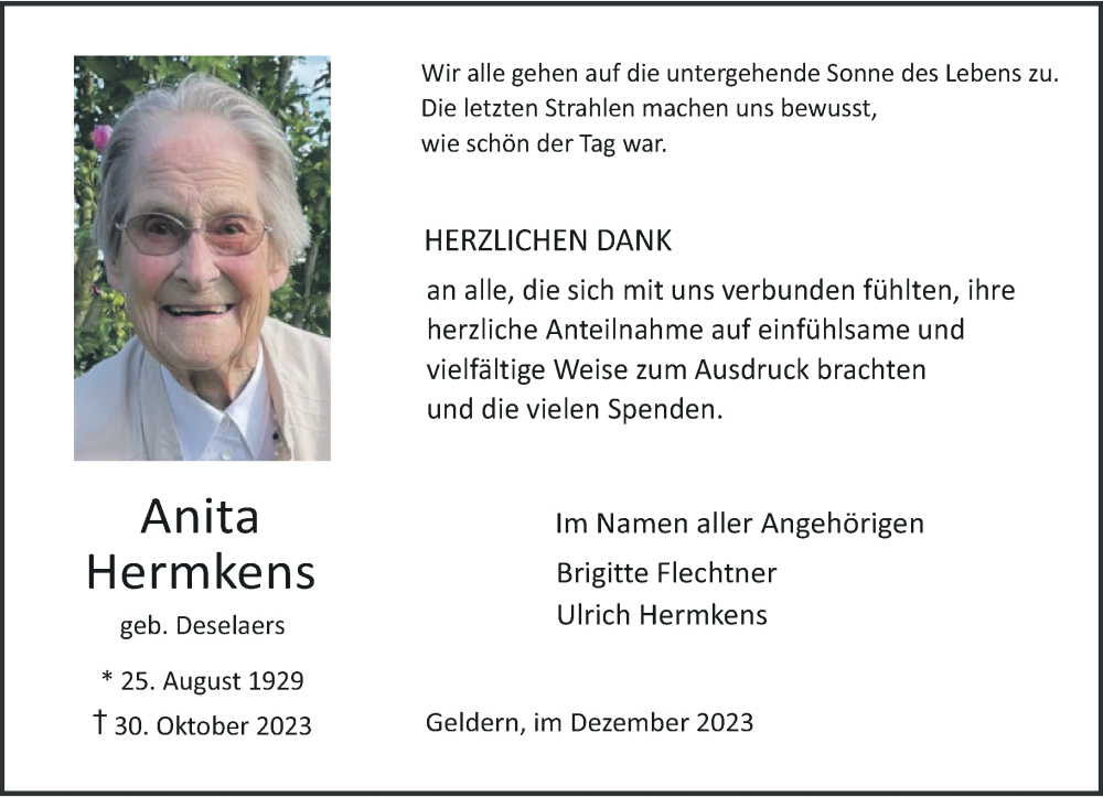  Traueranzeige für Anita Hermkens vom 23.12.2023 aus Rheinische Post