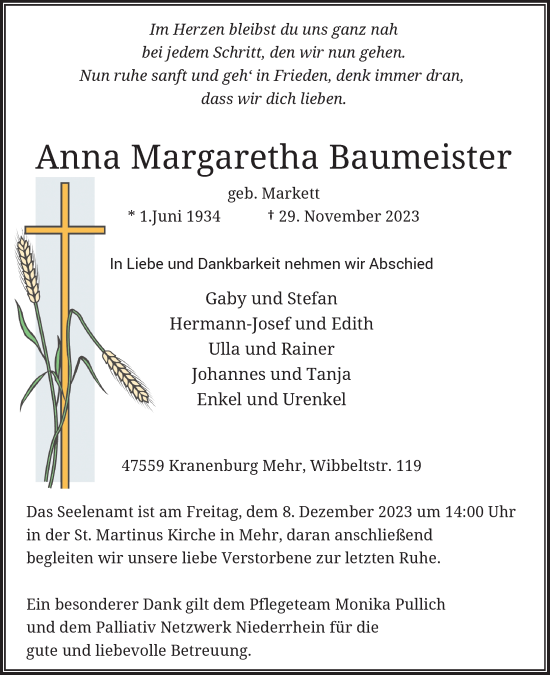 Traueranzeige von Anna Margaretha Baumeister von Rheinische Post