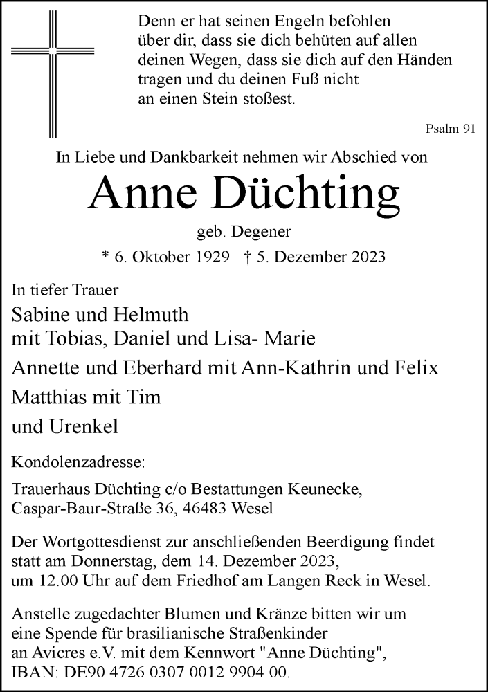  Traueranzeige für Anne Düchting vom 09.12.2023 aus Rheinische Post
