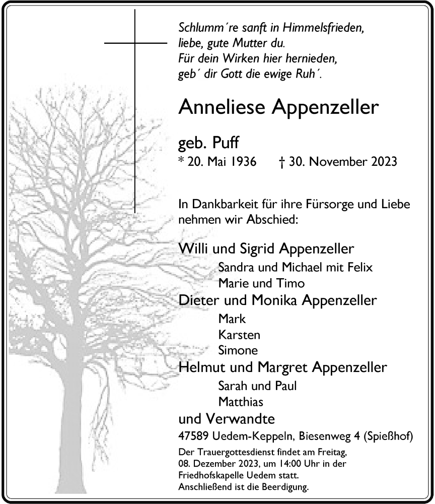  Traueranzeige für Anneliese Appenzeller vom 02.12.2023 aus Rheinische Post