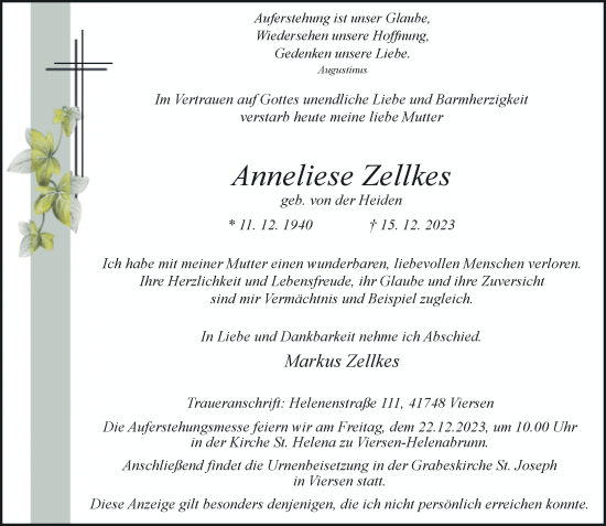 Traueranzeige von Anneliese Zellkes von Rheinische Post
