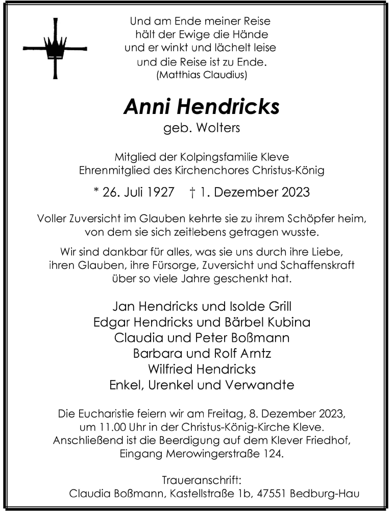  Traueranzeige für Anni Hendricks vom 05.12.2023 aus Rheinische Post