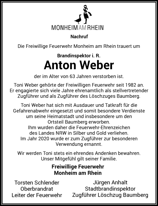 Traueranzeige von Anton Weber von Rheinische Post