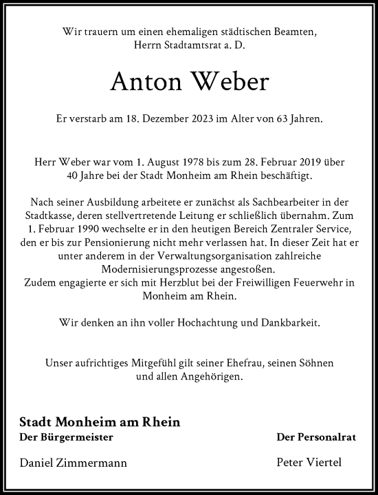 Traueranzeige von Anton Weber von Rheinische Post