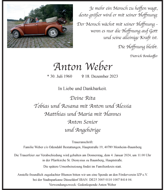 Traueranzeige von Anton Weber von Rheinische Post