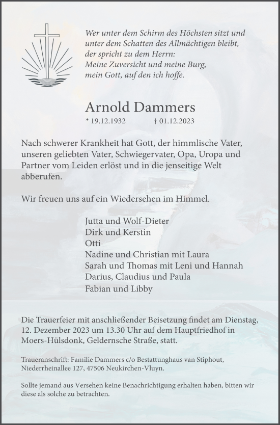 Traueranzeige von Arnold Dammers von Rheinische Post