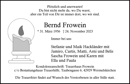 Traueranzeige von Bernd Frowein von Rheinische Post