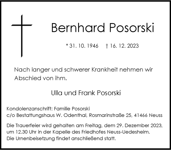 Traueranzeige von Bernhard Posorski von Rheinische Post