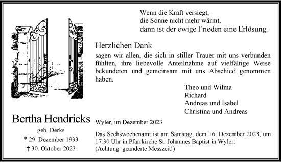 Traueranzeige von Bertha Hendricks von Rheinische Post