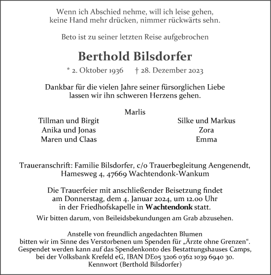 Traueranzeige von Berthold Bilsdorfer von Rheinische Post