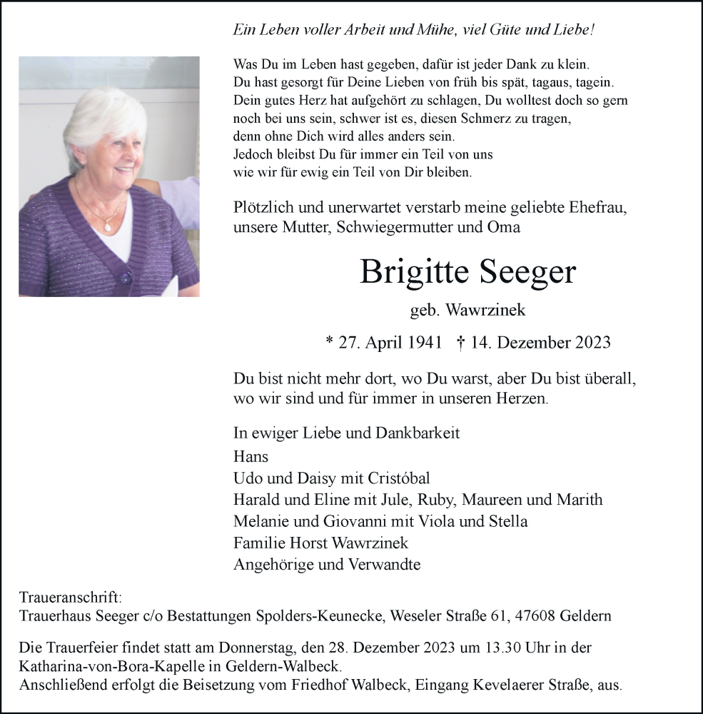  Traueranzeige für Brigitte Seeger vom 23.12.2023 aus Rheinische Post