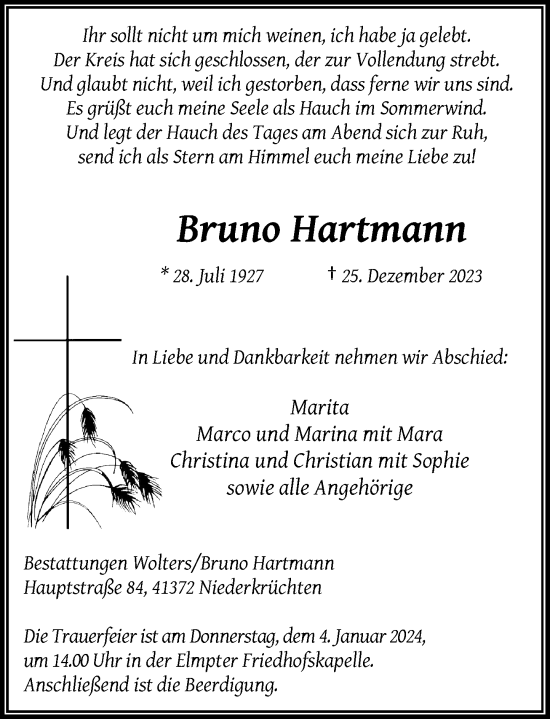 Traueranzeige von Bruno Hartmann von Rheinische Post