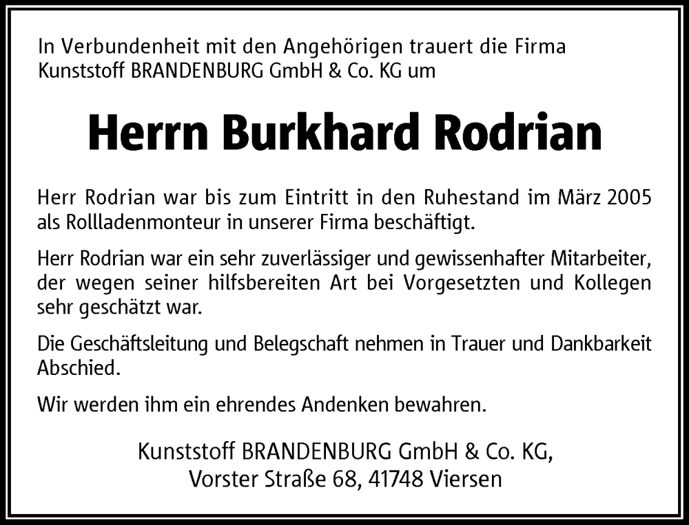  Traueranzeige für Burkhard Rodrian vom 02.12.2023 aus Rheinische Post