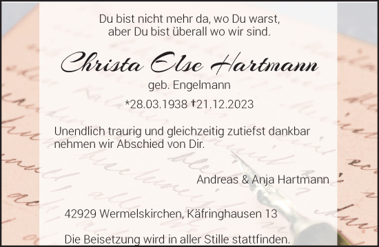 Traueranzeige von Christa Else Hartmann von Rheinische Post