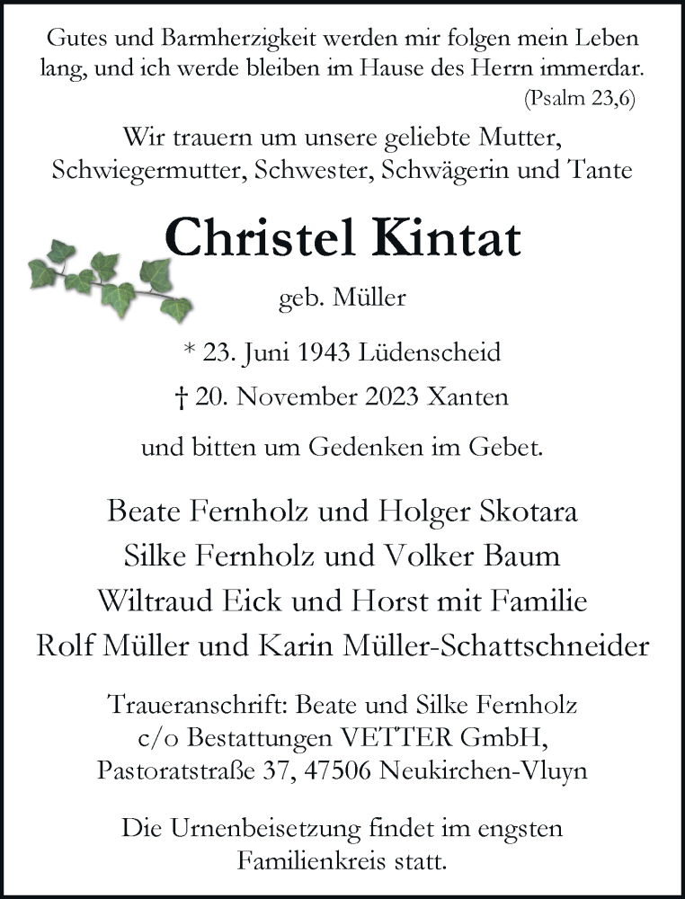  Traueranzeige für Christel Kintat vom 02.12.2023 aus Rheinische Post