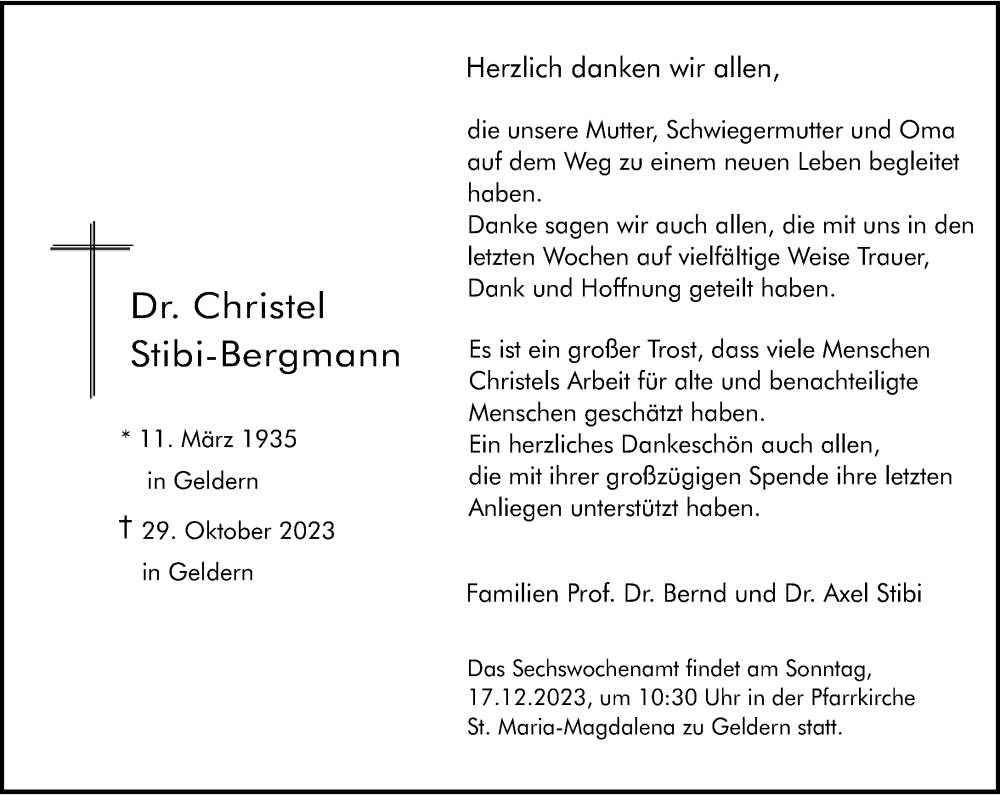  Traueranzeige für Christel Stibi-Bergmann vom 12.12.2023 aus Rheinische Post