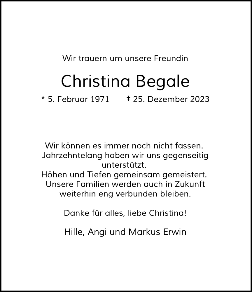  Traueranzeige für Christina Begale vom 30.12.2023 aus Rheinische Post