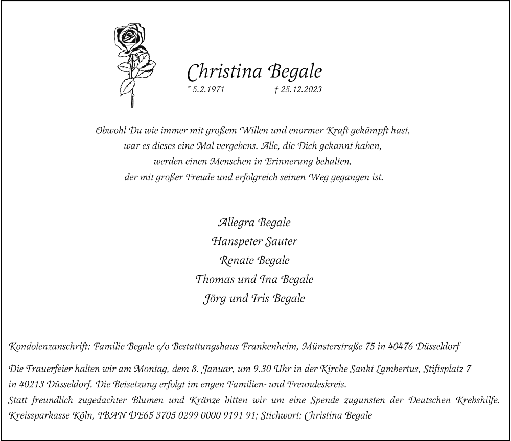  Traueranzeige für Christina Begale vom 30.12.2023 aus Rheinische Post