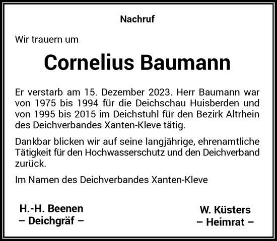 Traueranzeige von Cornelius Baumann von Rheinische Post