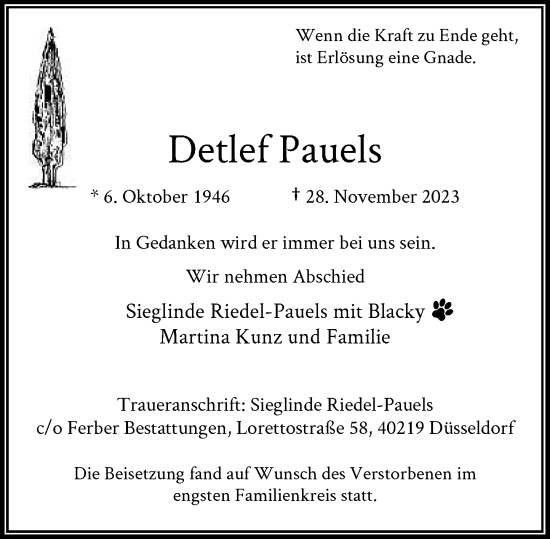Traueranzeige von Detlef Pauels von Rheinische Post