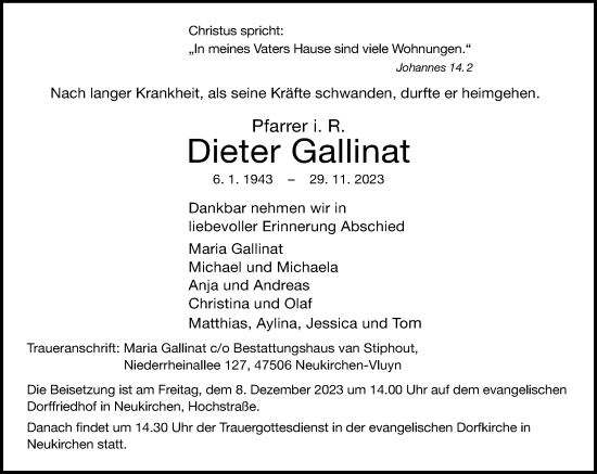 Traueranzeige von Dieter Gallinat von Rheinische Post