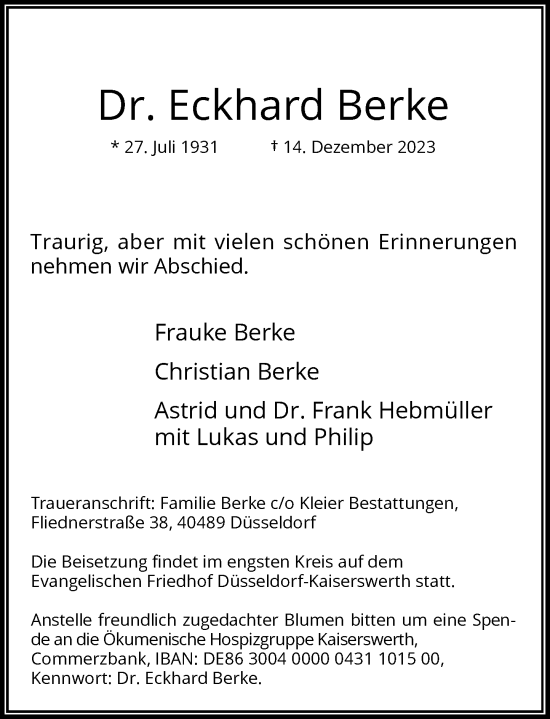 Traueranzeige von Eckhard Berke von Rheinische Post