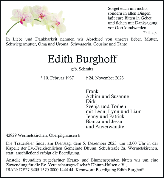 Traueranzeige von Edith Burghoff von Rheinische Post