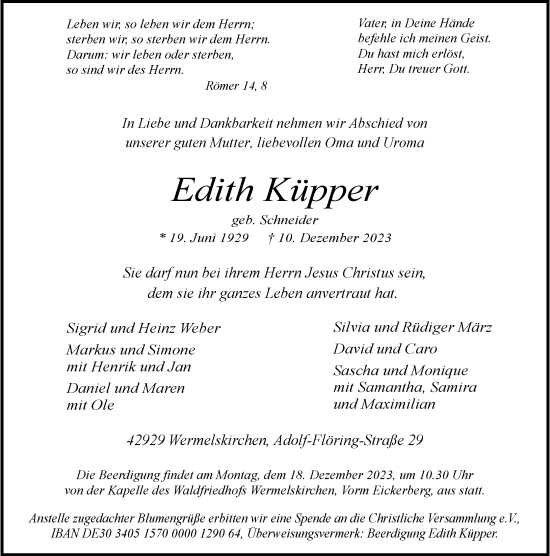 Traueranzeige von Edith Küpper von Rheinische Post