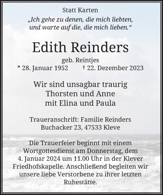 Traueranzeige von Edith Reinders von Rheinische Post