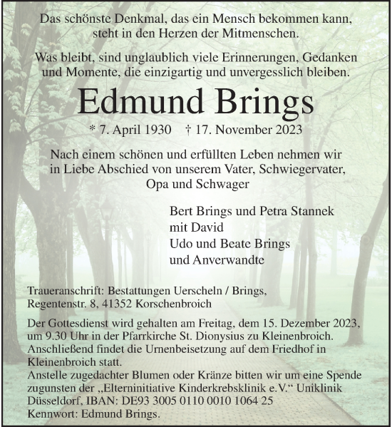 Traueranzeige von Edmund Brings von Rheinische Post