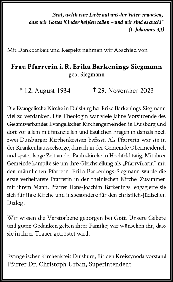 Traueranzeige von Erika Barkenings-Siegmann von Rheinische Post