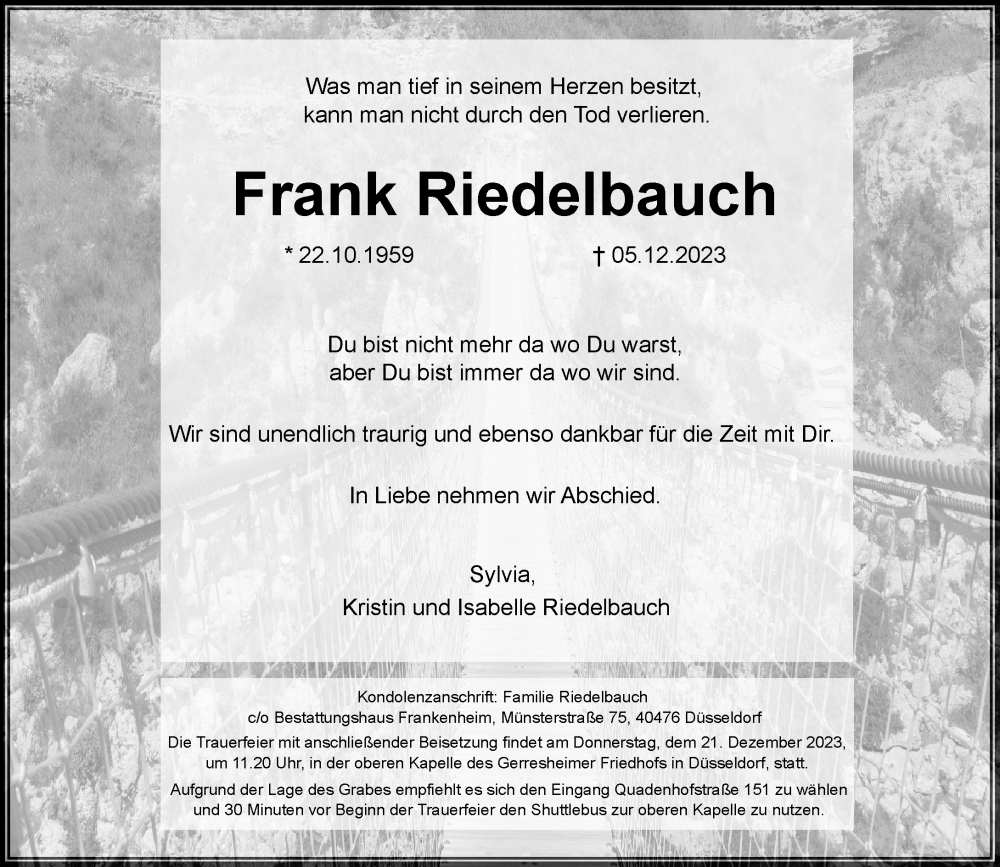  Traueranzeige für Frank Riedelbauch vom 16.12.2023 aus Rheinische Post