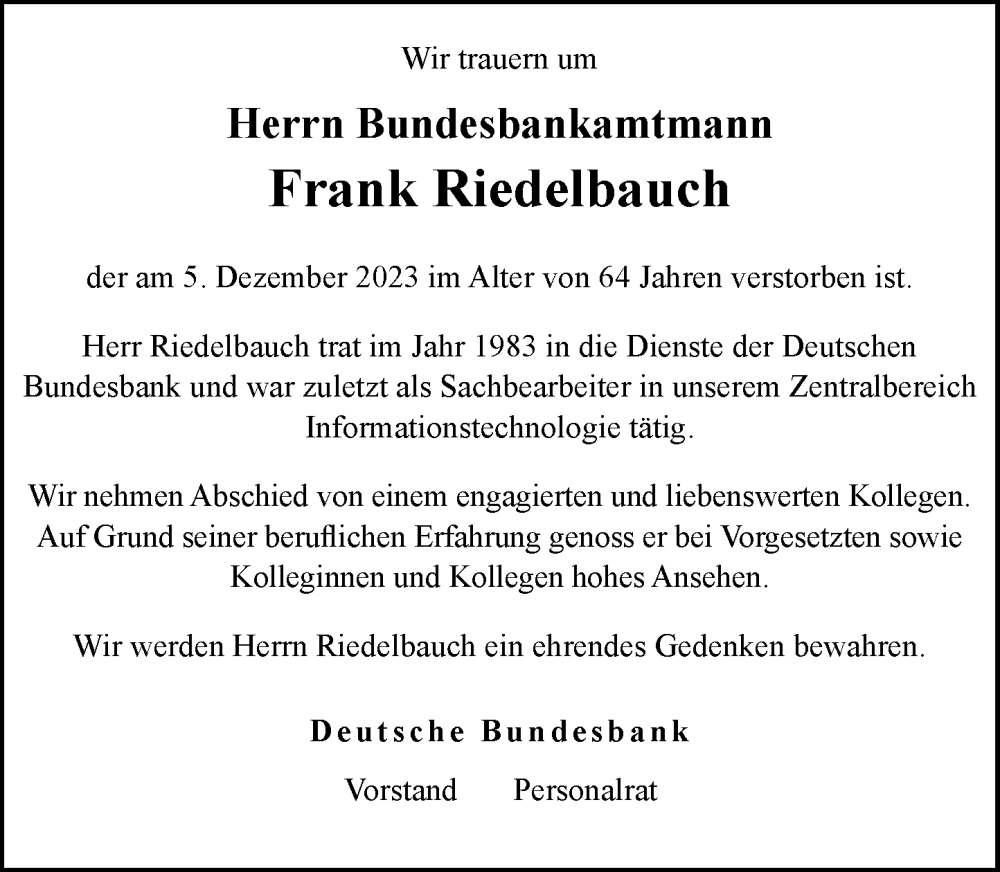  Traueranzeige für Frank Riedelbauch vom 09.12.2023 aus Rheinische Post