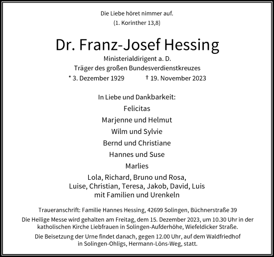 Traueranzeige von Franz-Josef Hessing von Rheinische Post