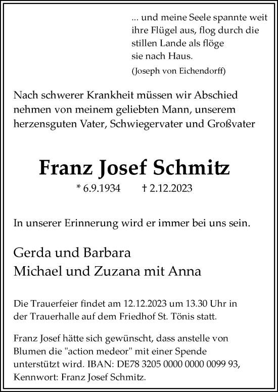 Traueranzeige von Franz Josef Schmitz von Rheinische Post
