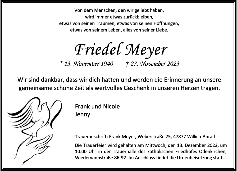 Traueranzeige für Friedel Meyer vom 09.12.2023 aus Rheinische Post